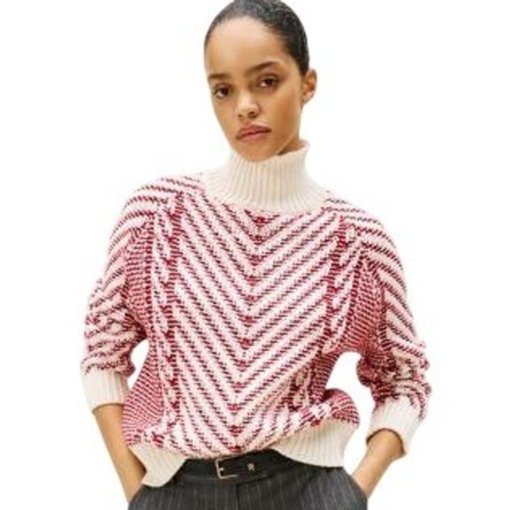Tommy Hilfiger Red Cream Chevron Cable Knit Wool Blend Mock Neck Sweater XL